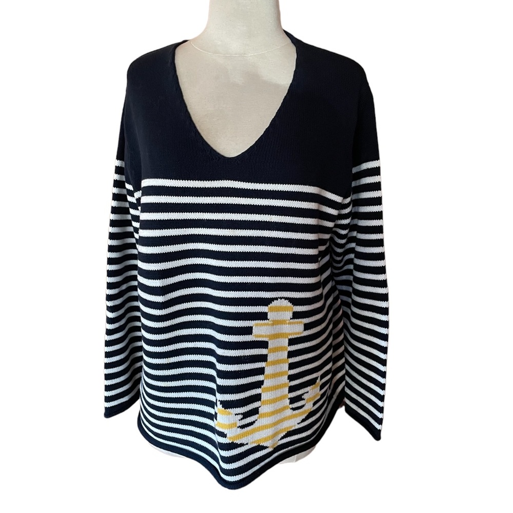 Norton Studio Striped Cotton Nautical V-Neck Sweater
